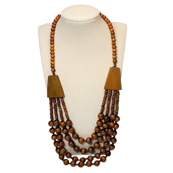 Wood Bead Multi Strand Necklace 18" Boho Bohemian - Picture 1 of 4